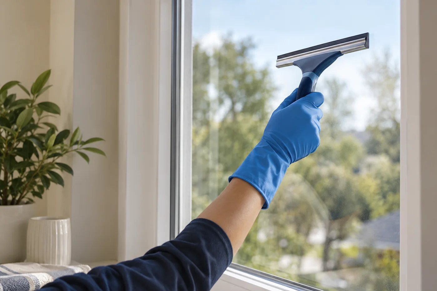 Blue-gloved hand holding a squeegee against the upper-right area of a closed window pane
