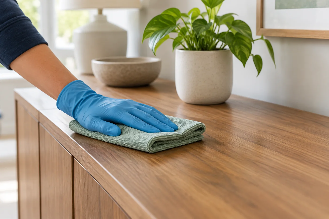Blue-gloved hand wiping a wooden console cabinet top with a sage cloth