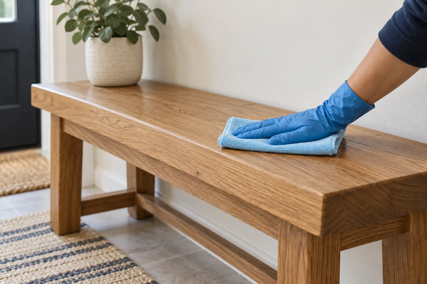 Blue-gloved hand wiping the wooden top of a hallway bench beside a potted plant