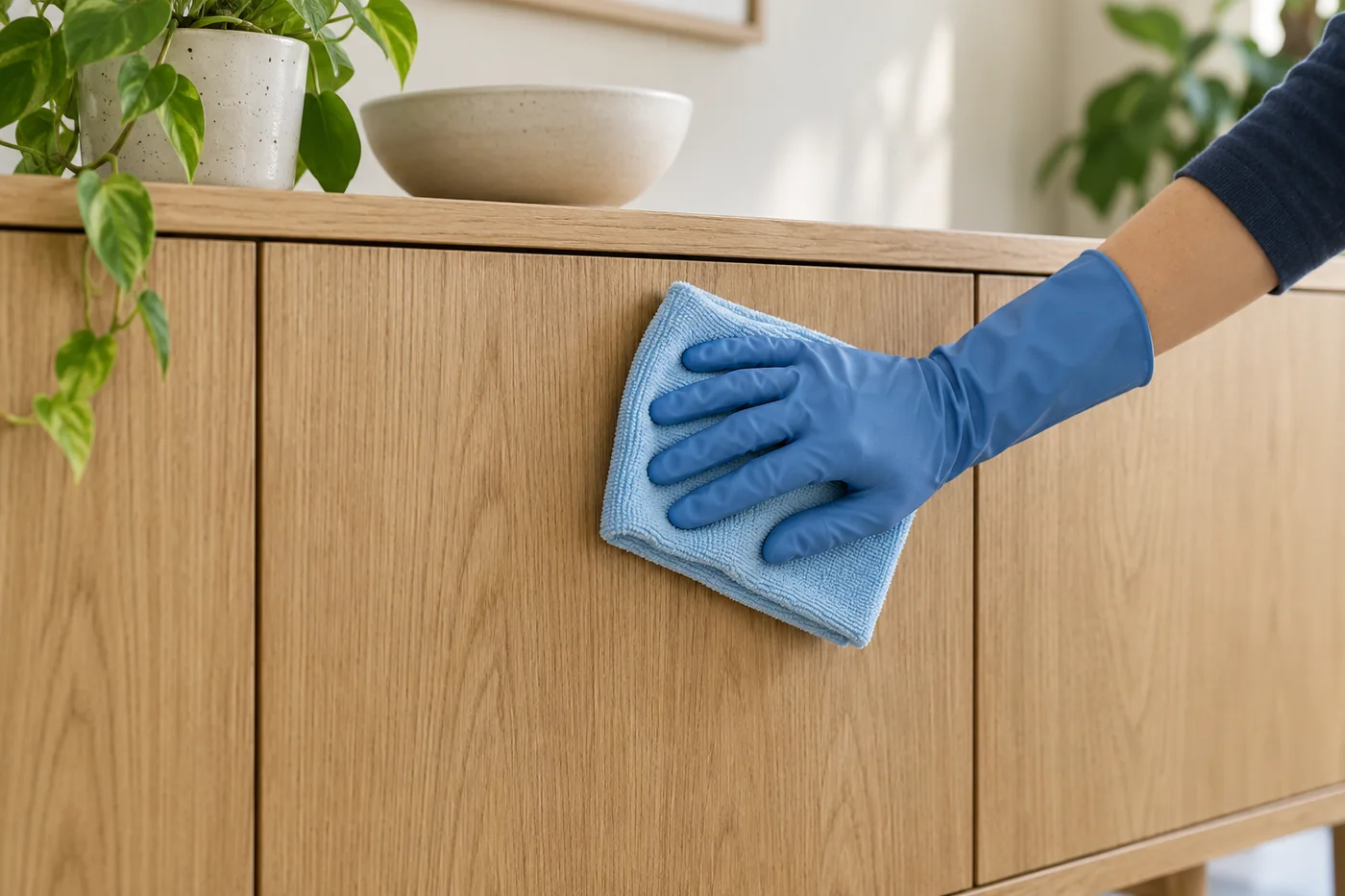 Blue-gloved hand wiping a wooden sideboard front with a pale blue cloth
